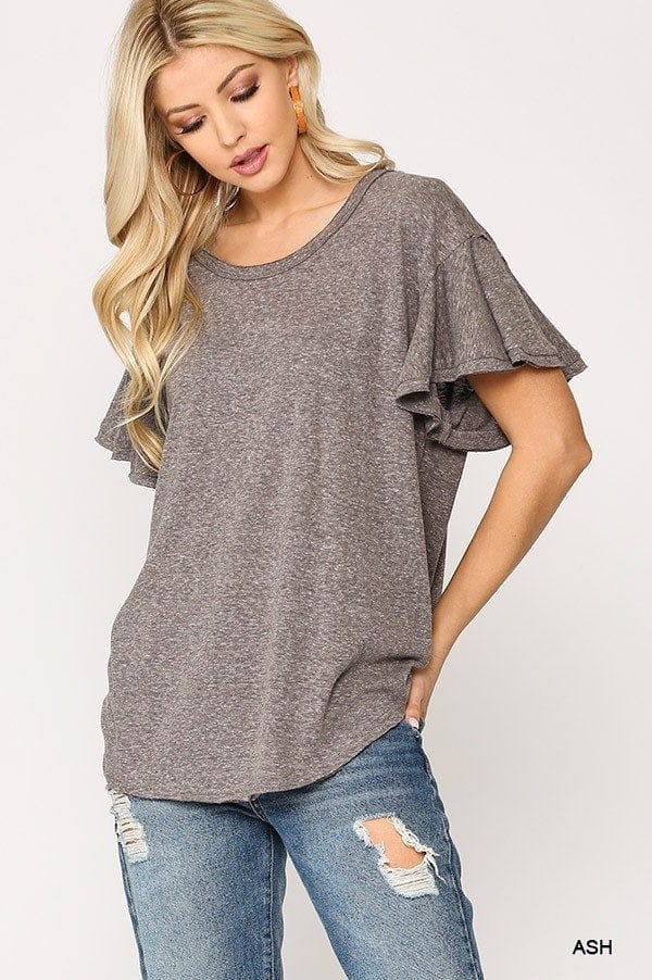 Solid Round Neck Frill Sleeve Top With Scoop Hem - Fashion Quality Boutik