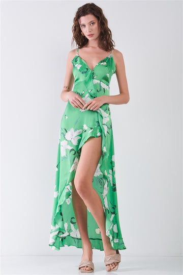 Satin Floral Print Sleeveless V-neck Self-tie Back Ruffle Trim Side Slit Detail Maxi Dress - Fashion Quality Boutik