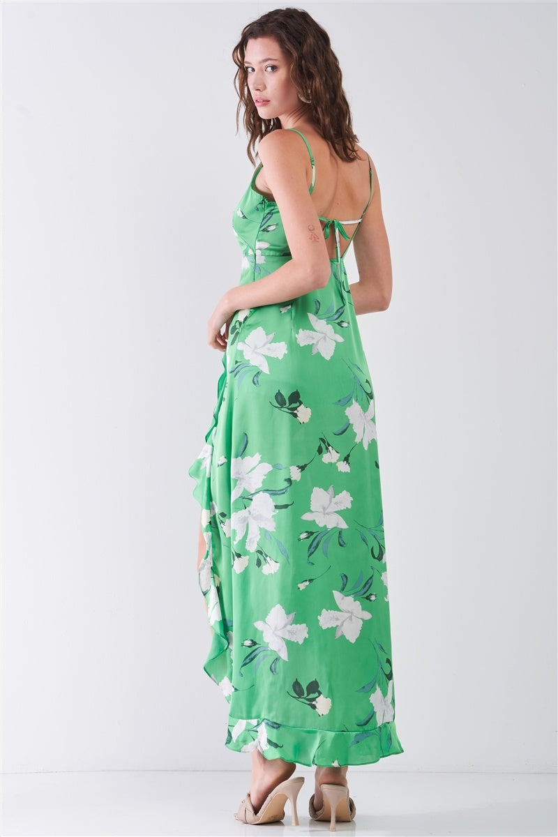 Satin Floral Print Sleeveless V-neck Self-tie Back Ruffle Trim Side Slit Detail Maxi Dress - Fashion Quality Boutik