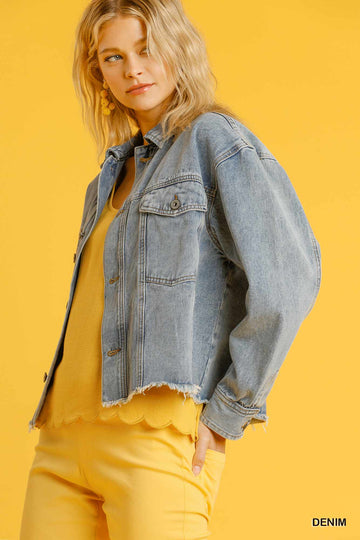 Collar Button Down Denim Jacket With Chest Pockets - Fashion Quality Boutik