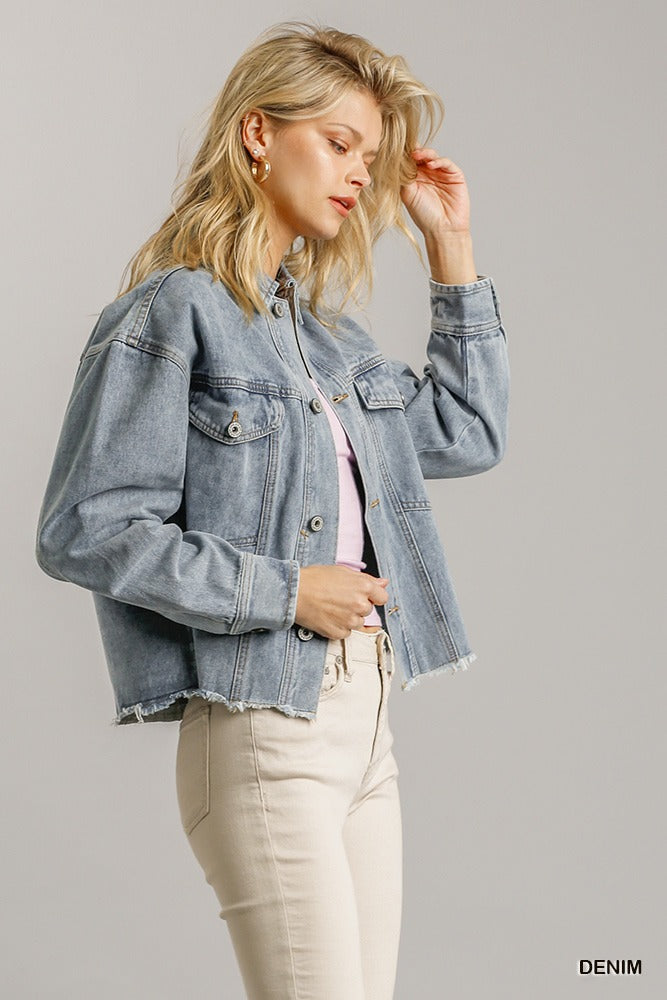 Collar Button Down Denim Jacket With Chest Pockets - Fashion Quality Boutik
