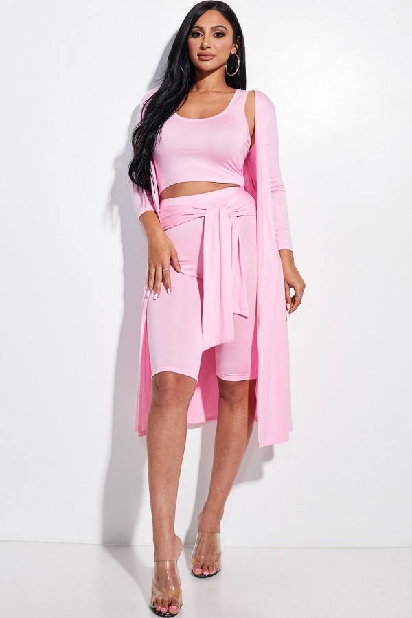 Solid Knit Sleeveless Tank Top, Tie Front Biker Shorts And Duster 3 Piece Set - Fashion Quality Boutik