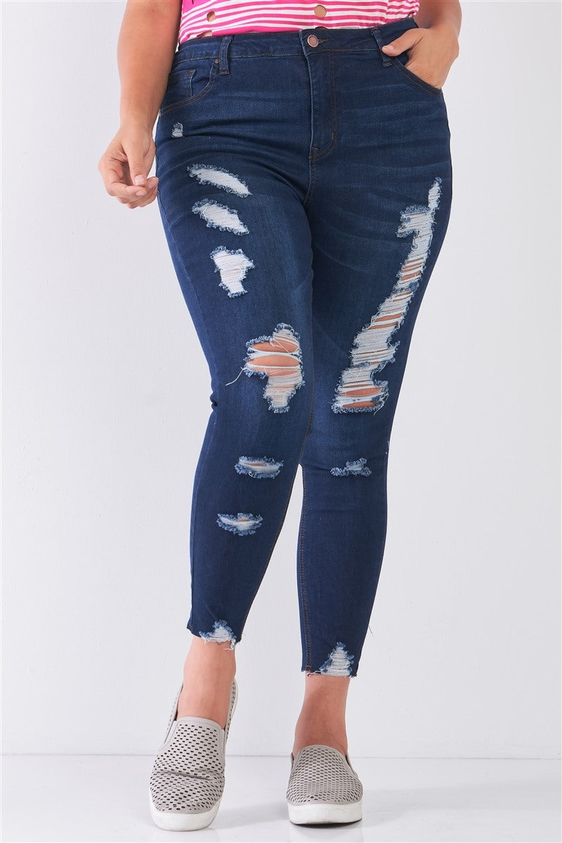 Plus Size Denim Mid-rise Raw Hem Detail Ripped Skinny Jean Pants - Fashion Quality Boutik