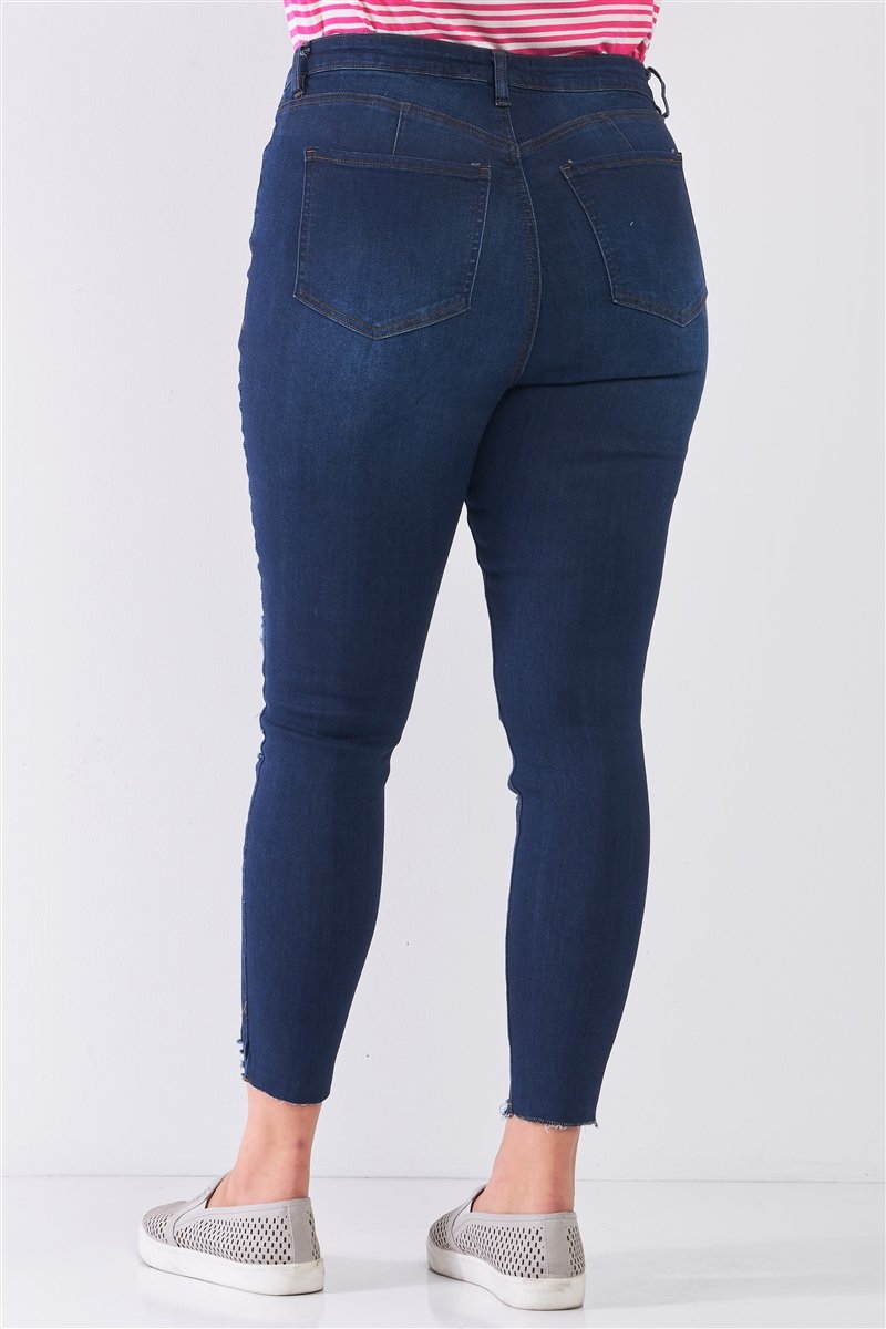 Plus Size Denim Mid-rise Raw Hem Detail Ripped Skinny Jean Pants - Fashion Quality Boutik