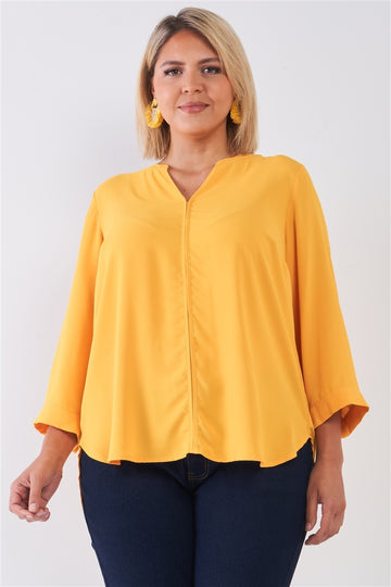 Plus Size Tuscan Sun Yellow V-neck Midi Sleeve Pleated Back Detail Relaxed Tunic Top - Fashion Quality Boutik