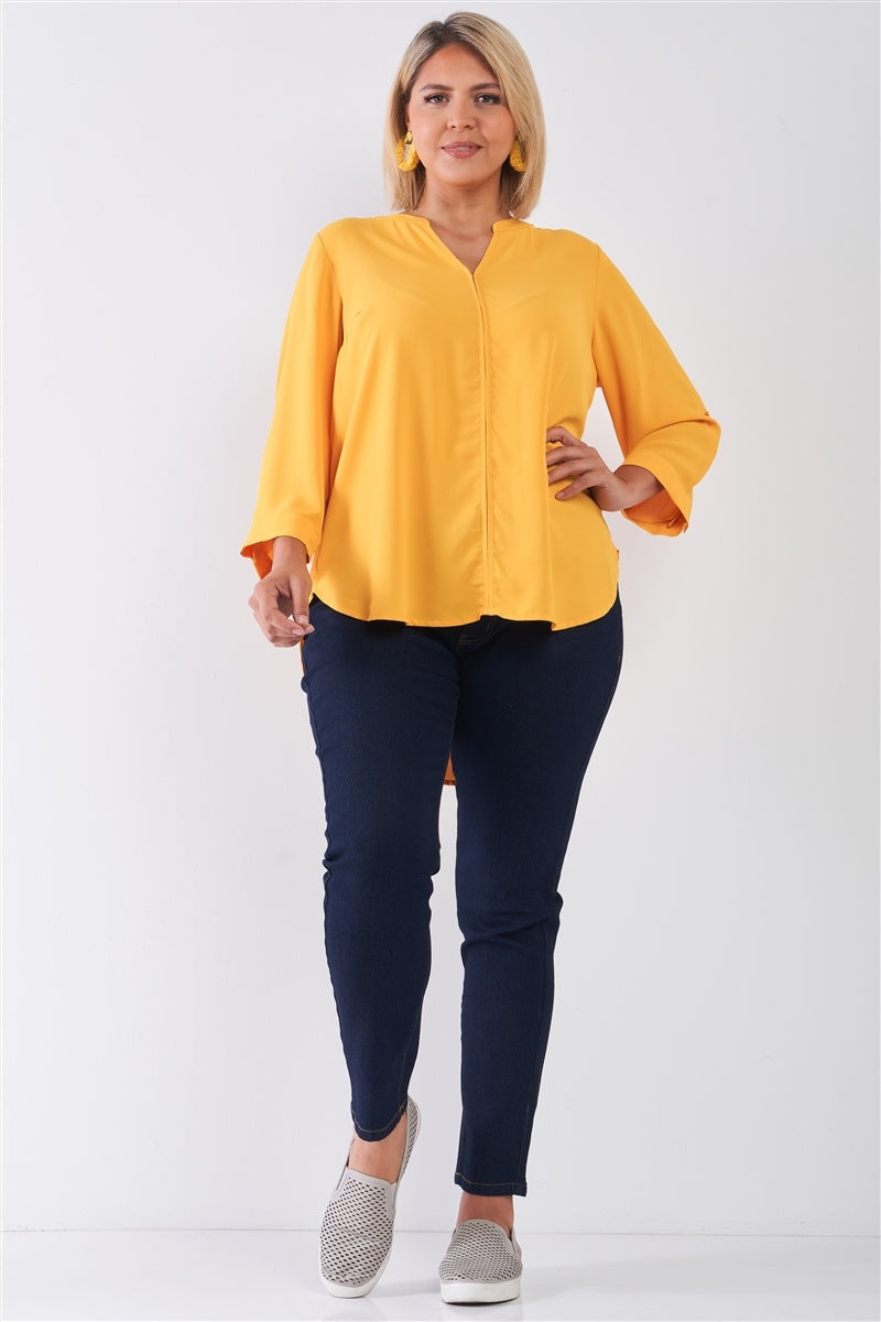 Plus Size Tuscan Sun Yellow V-neck Midi Sleeve Pleated Back Detail Relaxed Tunic Top - Fashion Quality Boutik