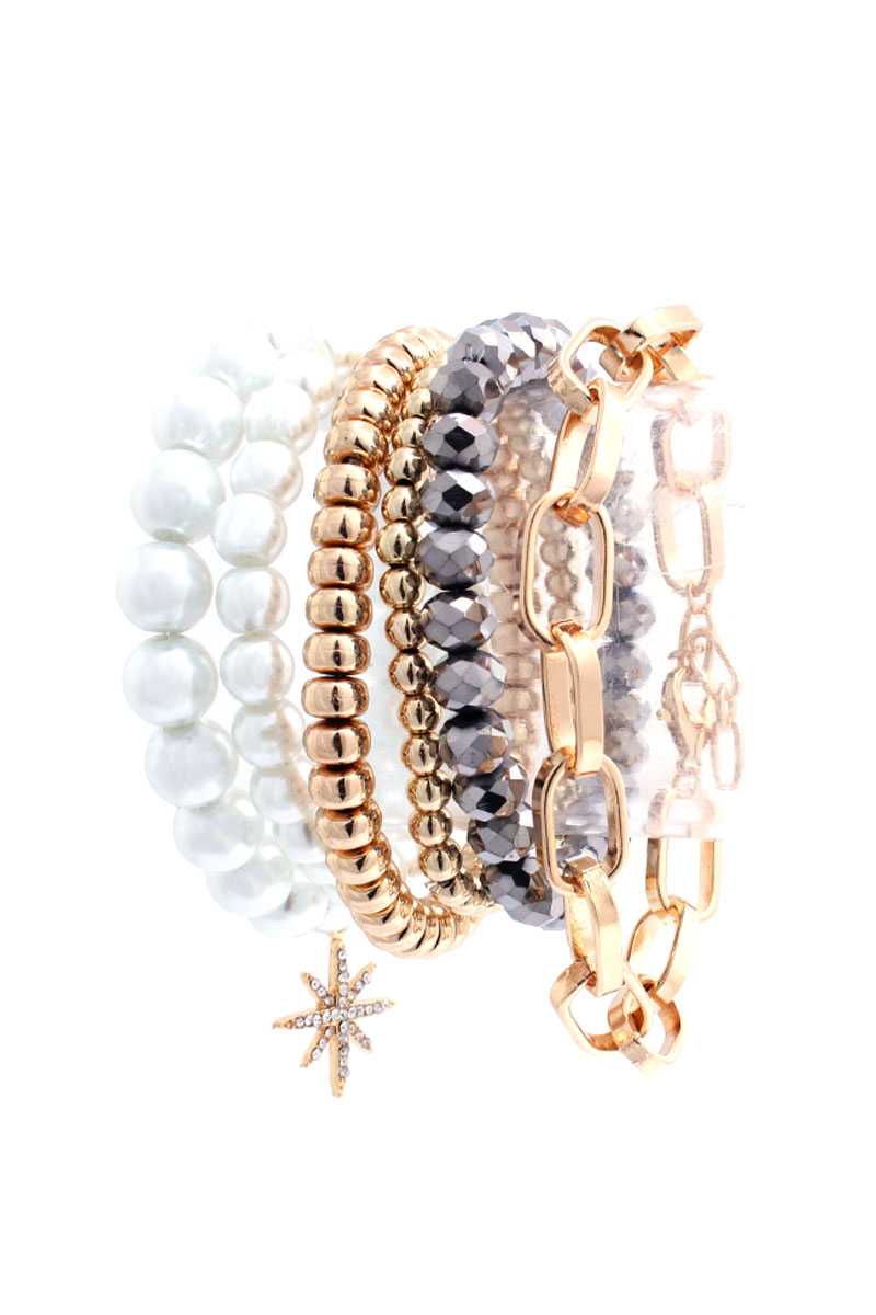 Pearl Metal Glass Stretch Bead Multi Bracelet 6 Pc Set - Fashion Quality Boutik