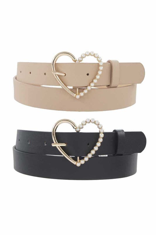 Half Pearl Pave Outline Heart Buckle Duo Belt - Fashion Quality Boutik