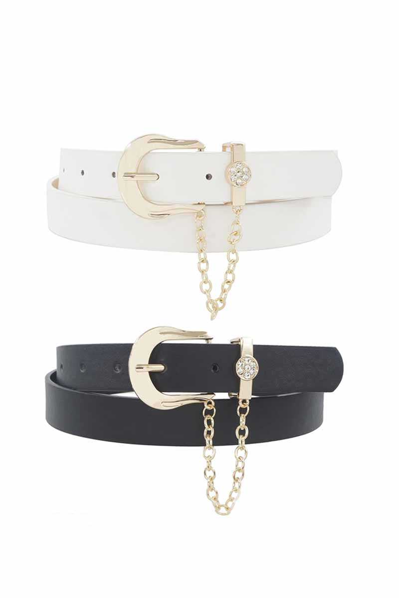 Rhinestone Circle Pave Chain Looped Duo Buckle Belt - Fashion Quality Boutik