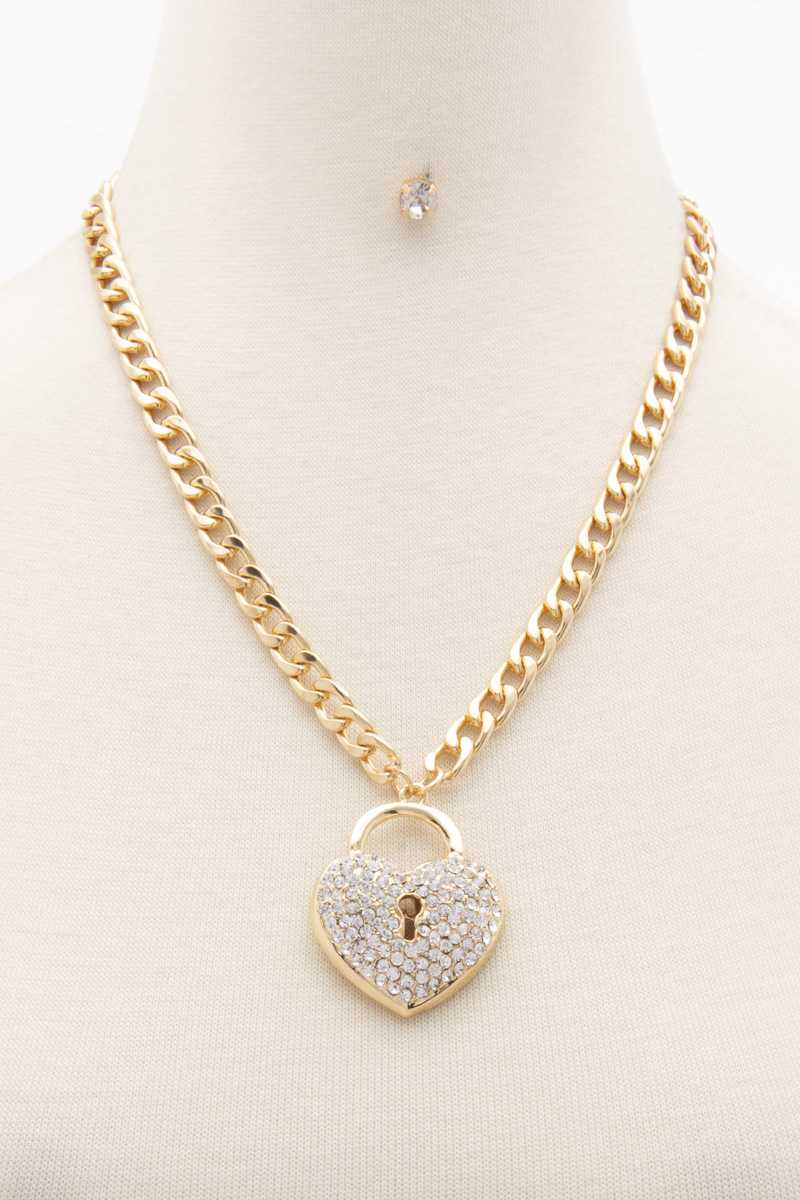Rhinestone Heart Lock Curb Link Necklace - Fashion Quality Boutik