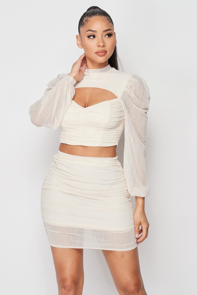 Sexy Sheer Cutout Puff Sleeved Top And Skirt Set - Fashion Quality Boutik