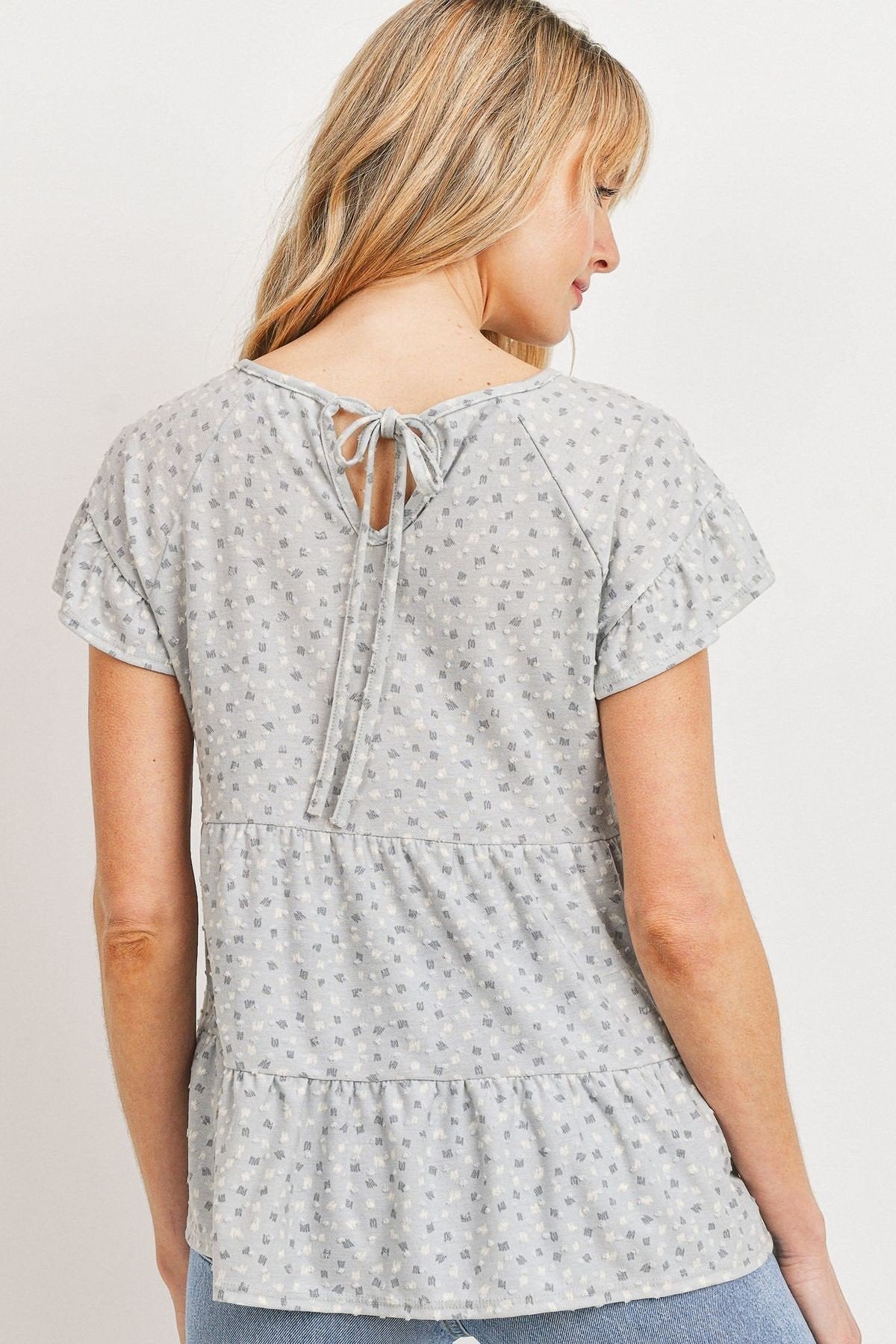 Dot Textured Print Jersey Ruffled Short Sleeve Top - Fashion Quality Boutik