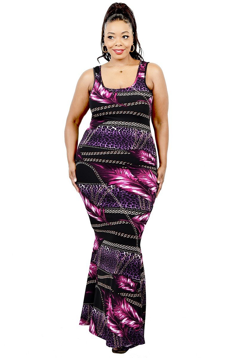 Plus Leaf & Chain Print Bodycon Maxi Dress - Fashion Quality Boutik