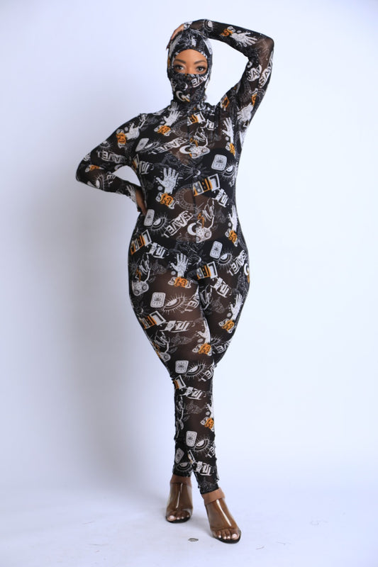 Printed Mesh Jumpsuit With Headpiece - Fashion Quality Boutik