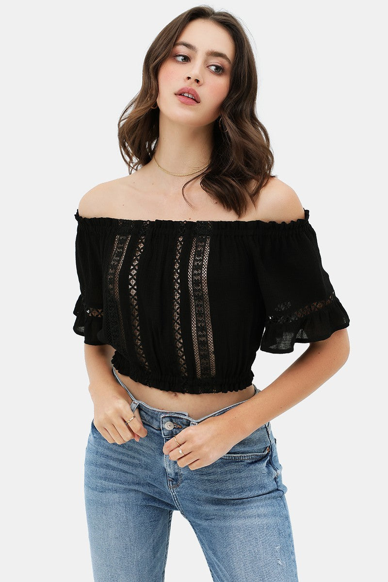 Lace Trim On The Front And Sleeves, Waist Band Cropped Top - Fashion Quality Boutik