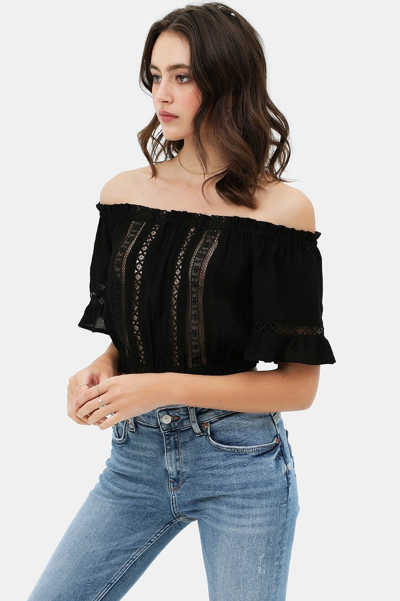 Lace Trim On The Front And Sleeves, Waist Band Cropped Top - Fashion Quality Boutik