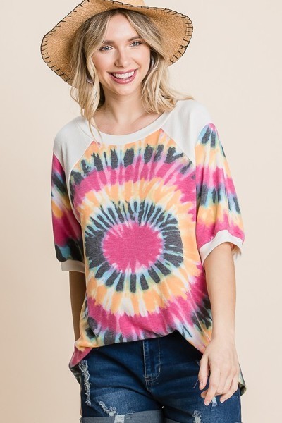 French Terry Tie Dye Printed Casual Mini Bubble Sleeves Tunic Top - Fashion Quality Boutik
