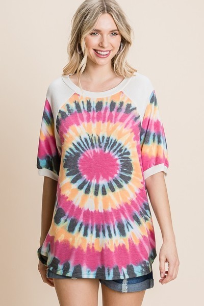 French Terry Tie Dye Printed Casual Mini Bubble Sleeves Tunic Top - Fashion Quality Boutik