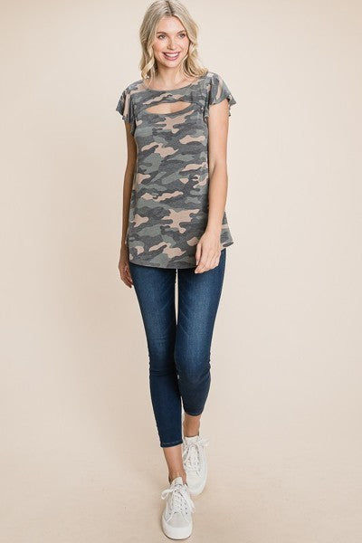 Army Camo Printed Cut Out Neckline Short Flutter Sleeves Casual Basic Top - Fashion Quality Boutik