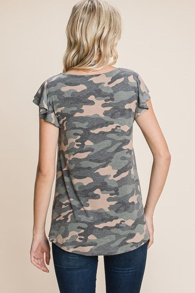 Army Camo Printed Cut Out Neckline Short Flutter Sleeves Casual Basic Top - Fashion Quality Boutik