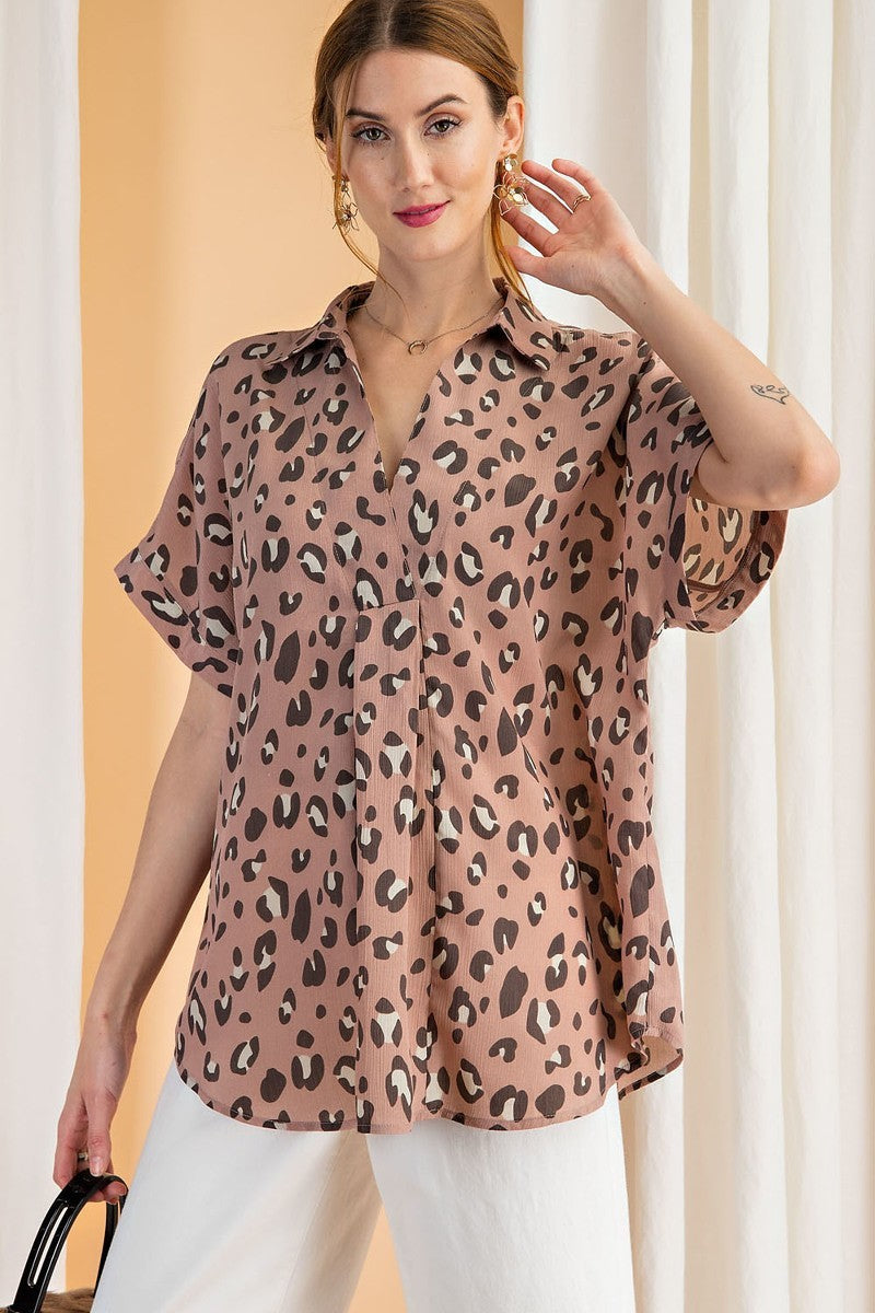 Short Slvs Animal Print Crinkled Shirt Tunic - Fashion Quality Boutik