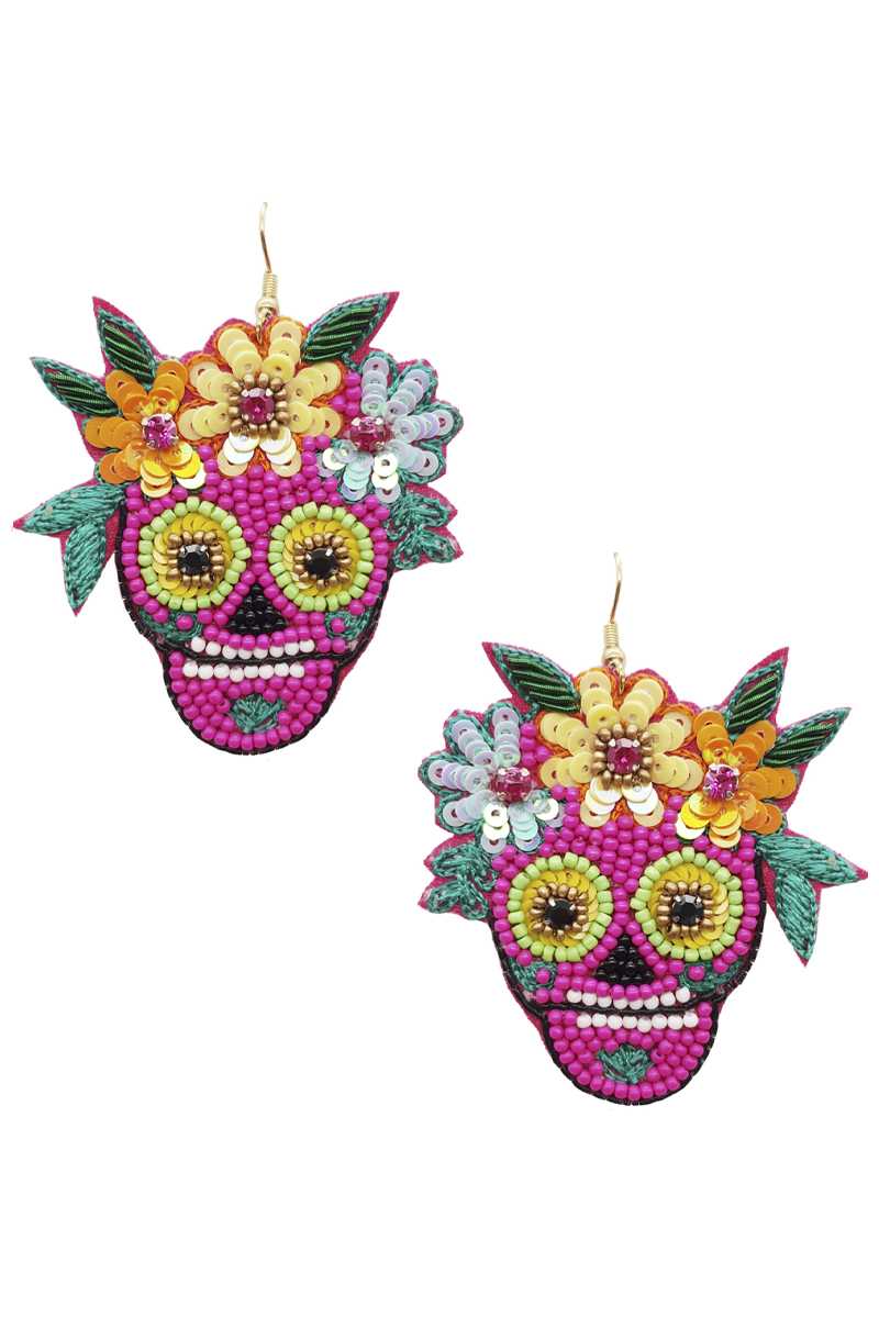 Seed Bead Sequin Day Of The Dead Sugar Skull Dangle Earring