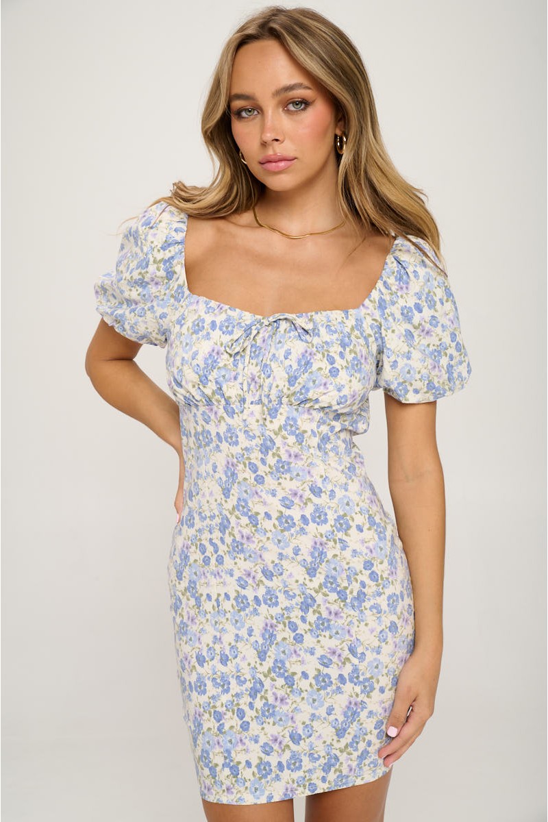 Floral Puff Sleeve Bodycon Dress