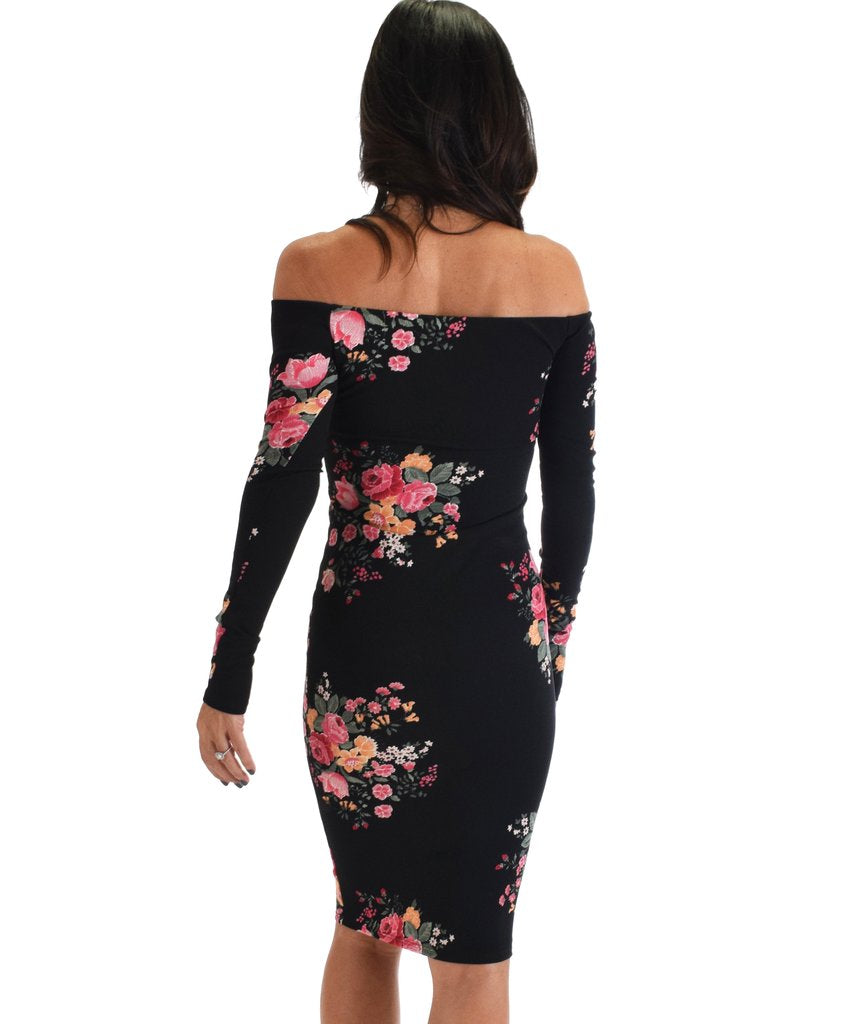 Bold Off Shoulder Floral Bodycon Midi Dress - Fashion Quality Boutik