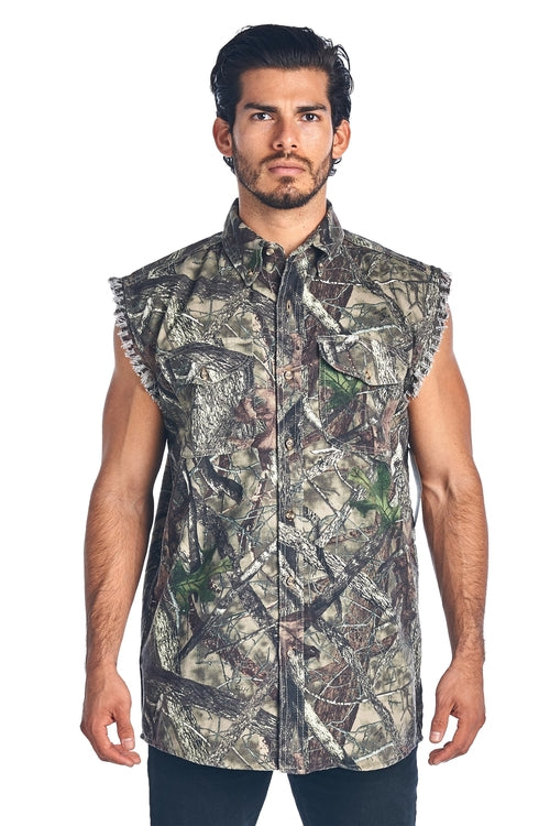 Men's Camo Sleeveless Denim Shirt Camouflage Shirt 2 Front Pockets - Fashion Quality Boutik