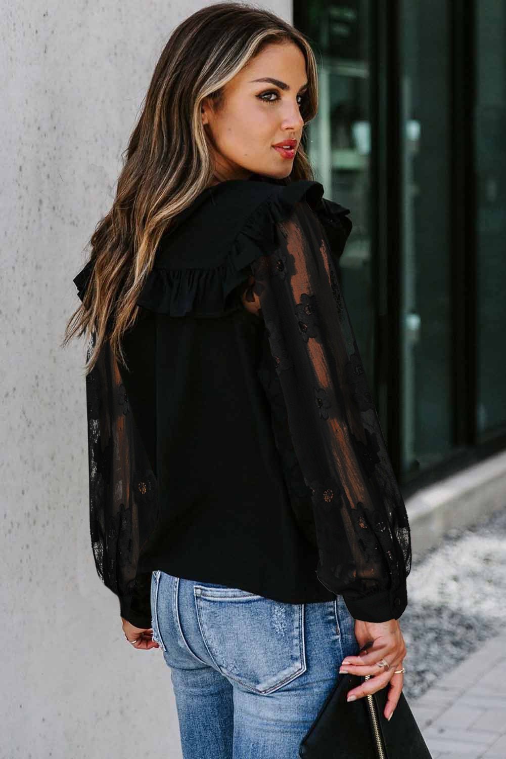 Contrast Sleeve Ruffle Lace Blouse - Fashion Quality Boutik