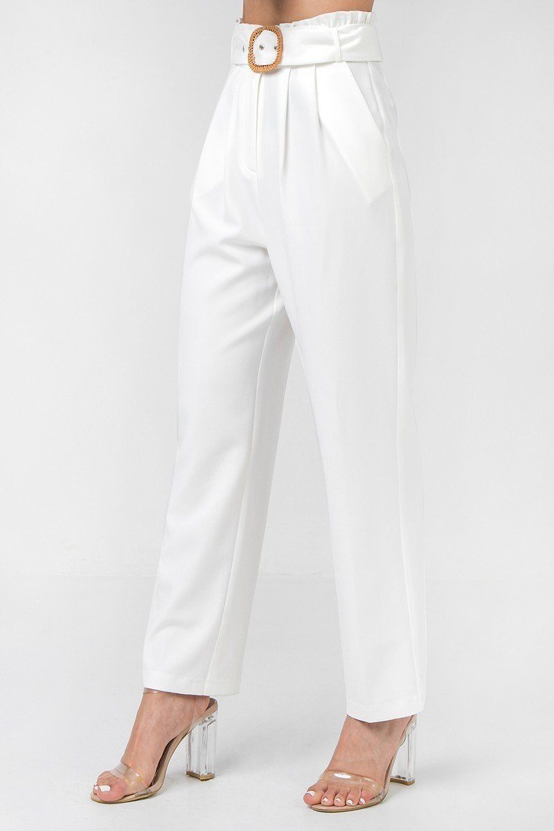 A Solid Pant Featuring Paperbag Waist With Rattan Buckle Belt - Fashion Quality Boutik
