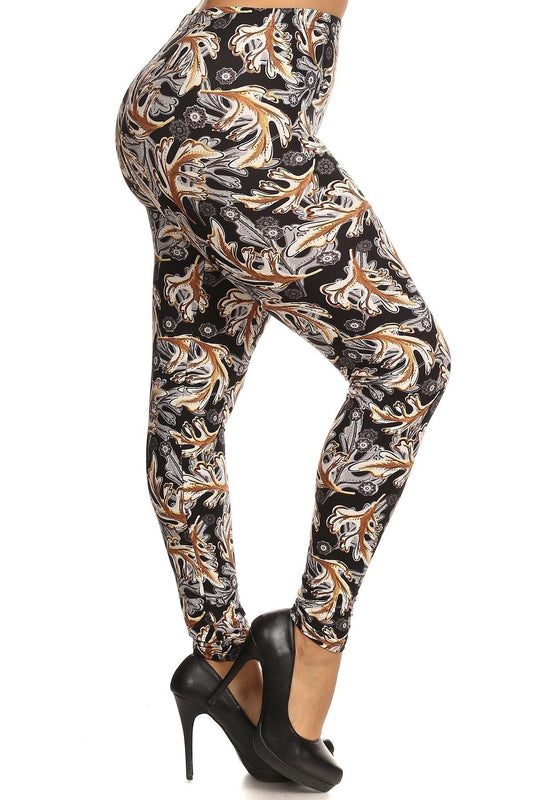 Abstract Leaf Print, Full Length Leggings In A Slim Fitting Style With A Banded High Waist - Fashion Quality Boutik