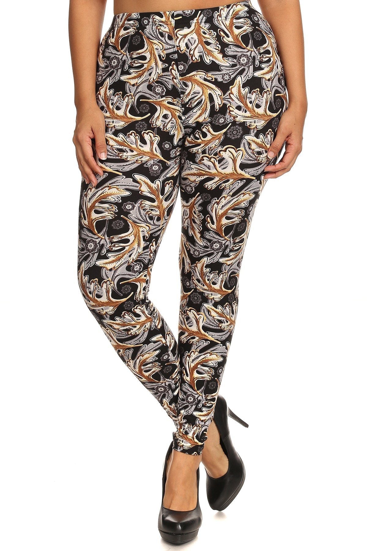 Abstract Leaf Print, Full Length Leggings In A Slim Fitting Style With A Banded High Waist - Fashion Quality Boutik