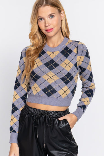 Argyle Jacquard Crop Sweater - Fashion Quality Boutik