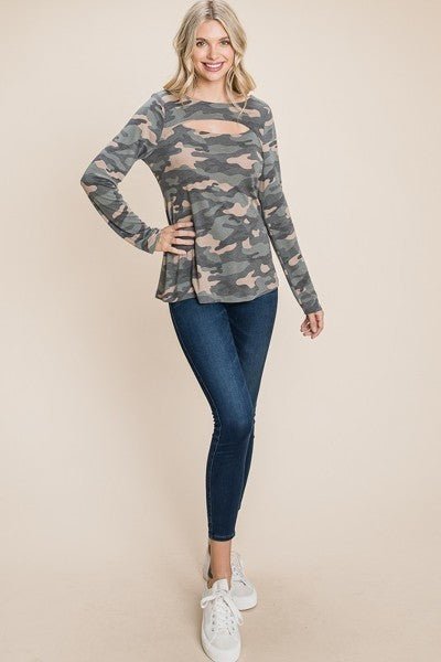 Army Camo Printed Cut Out Neckline Long Sleeves Casual Basic Top - Fashion Quality Boutik
