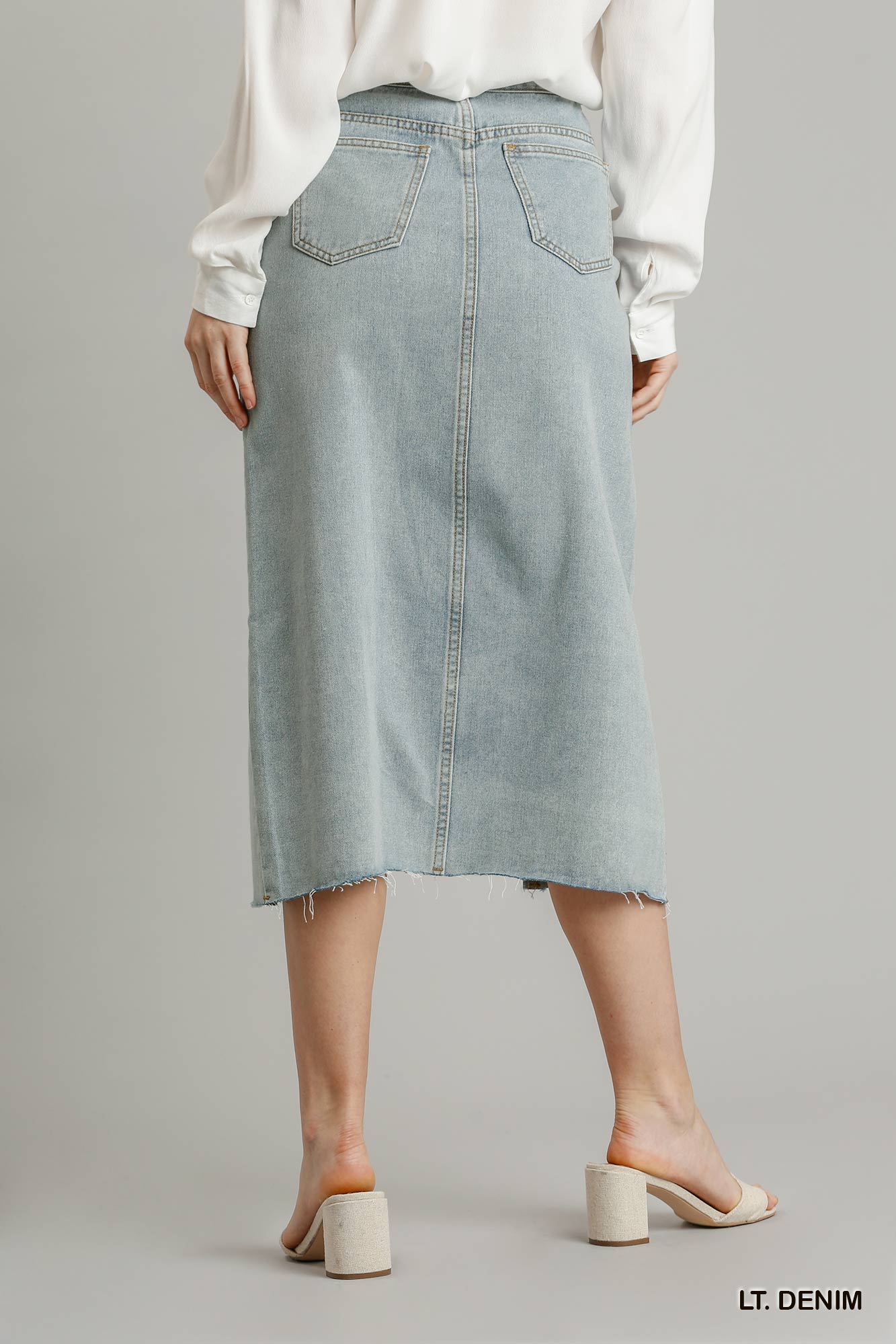 Asymmetrical Waist And Button Up Front Split Denim Skirt With Back Pockets And Unfinished Hem - Fashion Quality Boutik