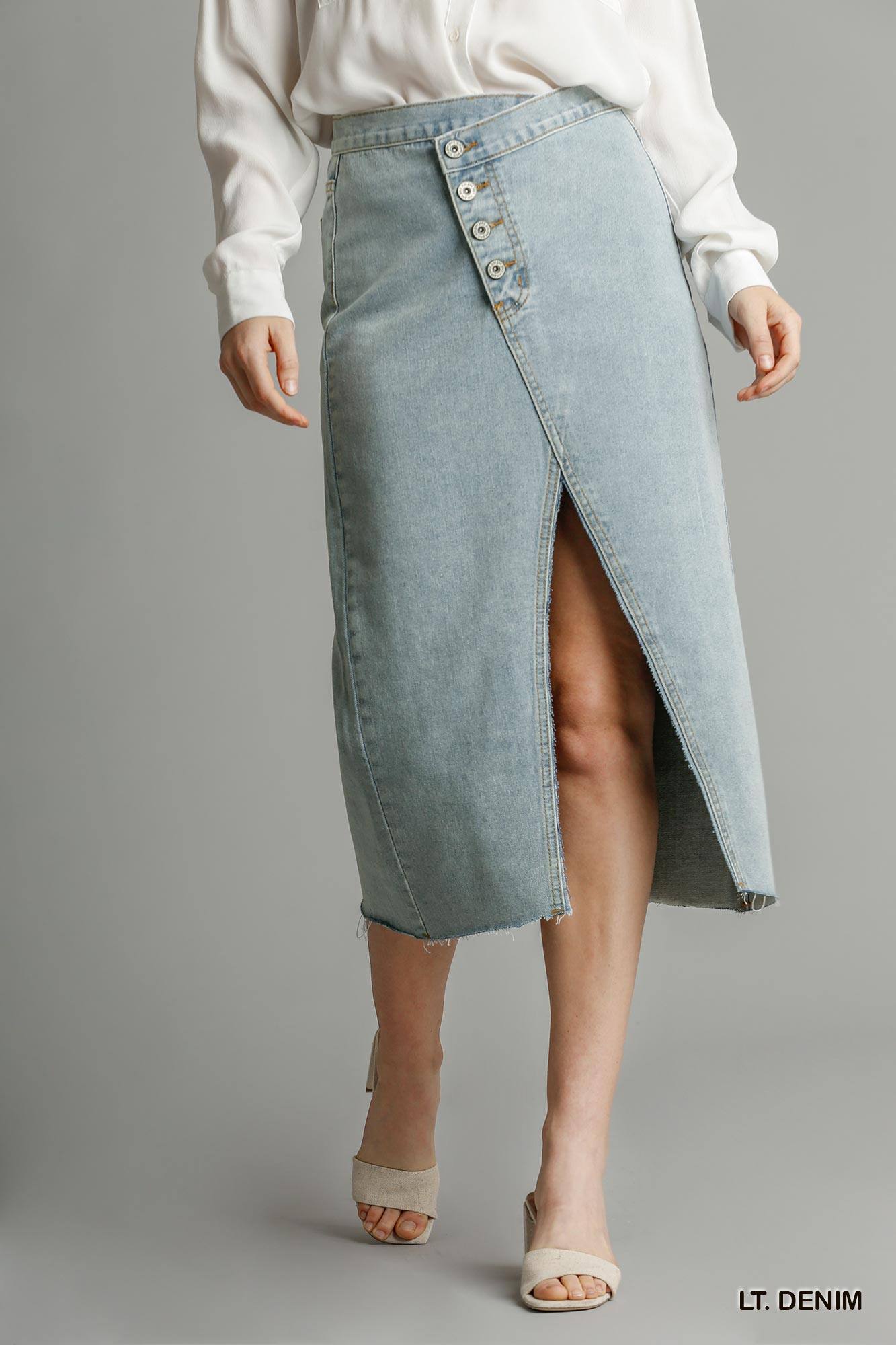 Asymmetrical Waist And Button Up Front Split Denim Skirt With Back Pockets And Unfinished Hem - Fashion Quality Boutik