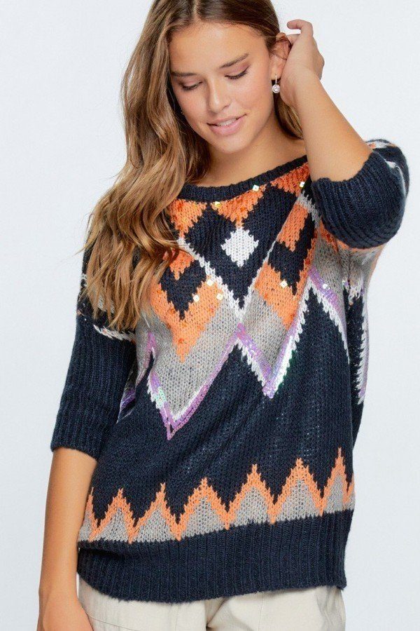Aztec Pattern With Glitter Accent Sweater - Fashion Quality Boutik