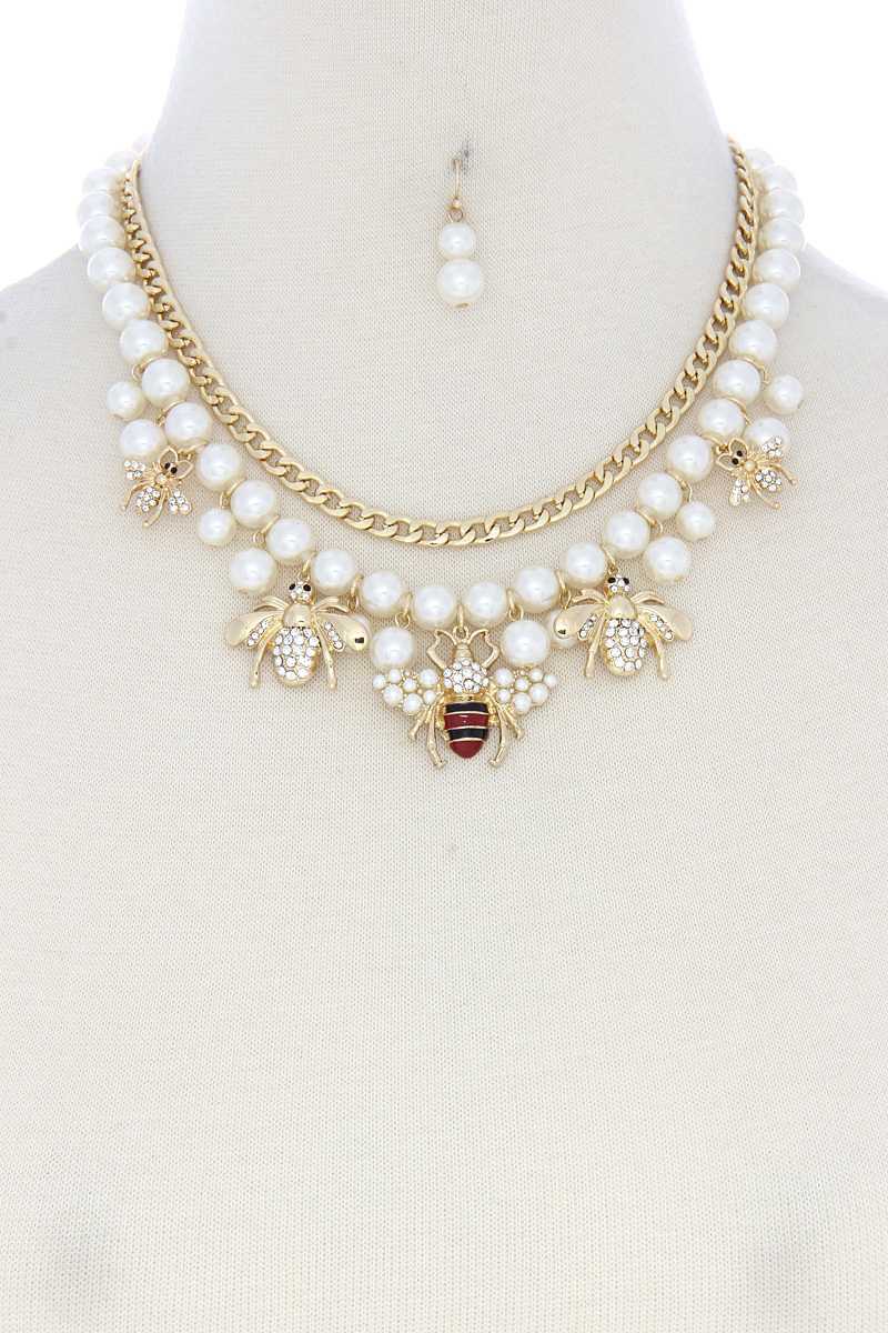 Bee Charm Pearl Bead Cuban Link Layered Necklace - Fashion Quality Boutik