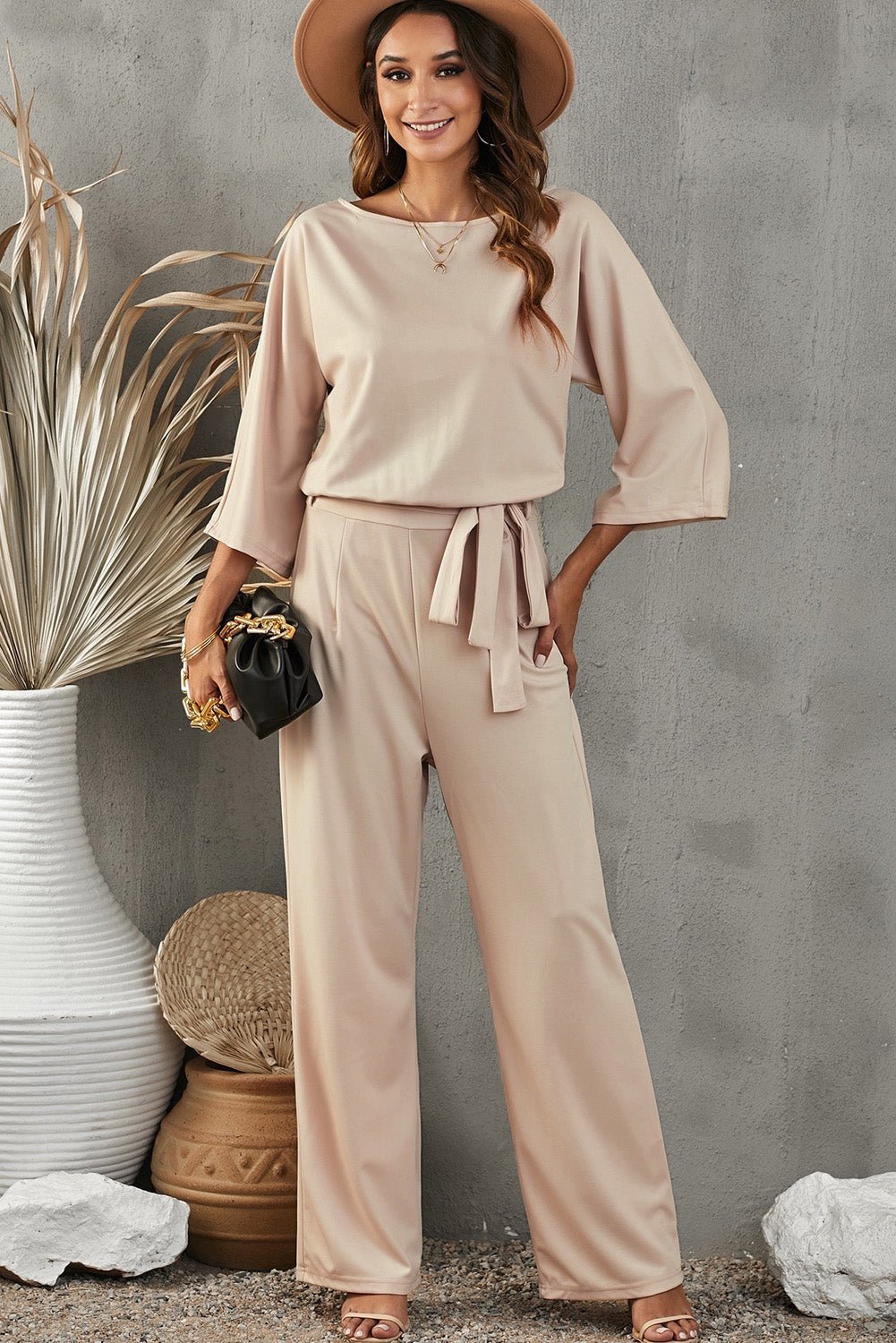 Belted Three-Quarter Sleeve Jumpsuit - Fashion Quality Boutik