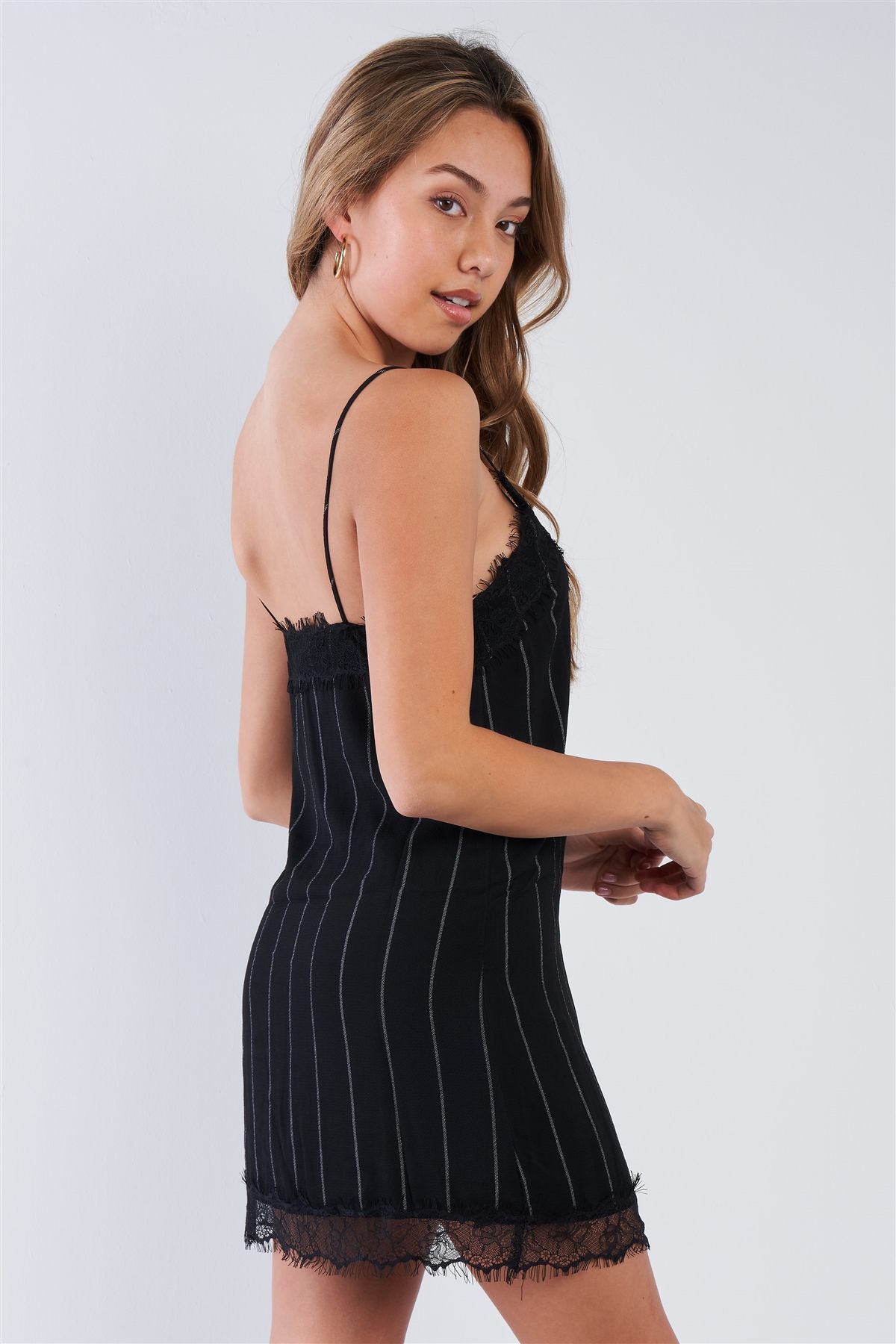 Black Pinstripe Lace Trim Slip Mini Dress - Fashion Quality Boutik