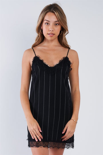 Black Pinstripe Lace Trim Slip Mini Dress - Fashion Quality Boutik