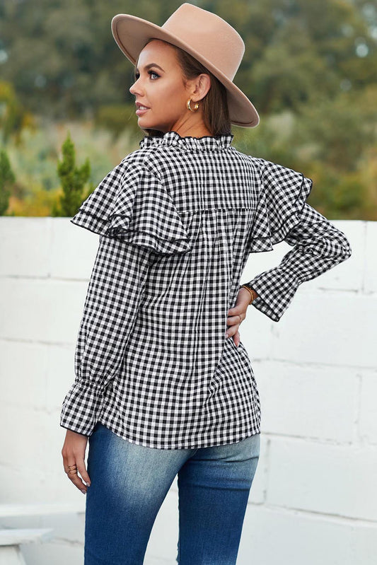 Black Plaid Button Ruffle Shirt - Fashion Quality Boutik