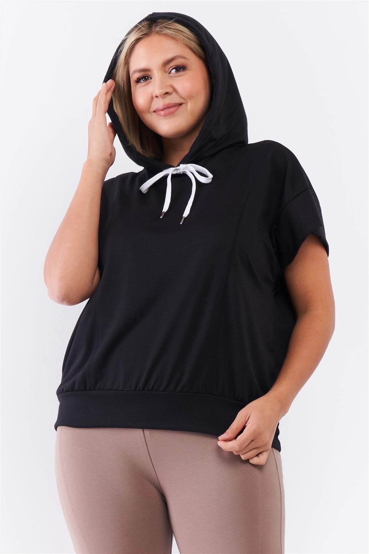 Black Short Wing Sleeve Relaxed Fit White Draw String Tie Hood Detail Top - Fashion Quality Boutik
