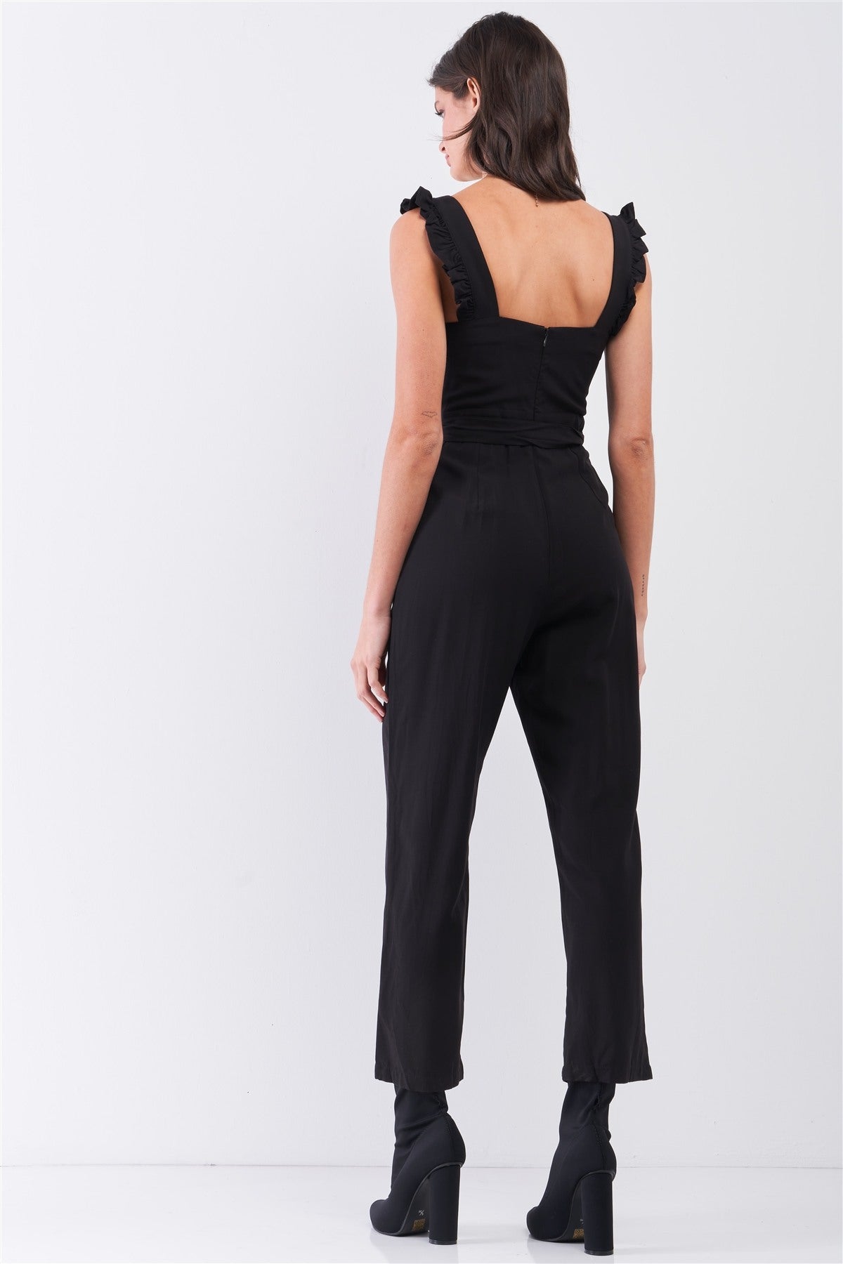 Black Sleeveless Ruffle Hem Self-tie Belt Detail Straight Leg Jumpsuit - Fashion Quality Boutik