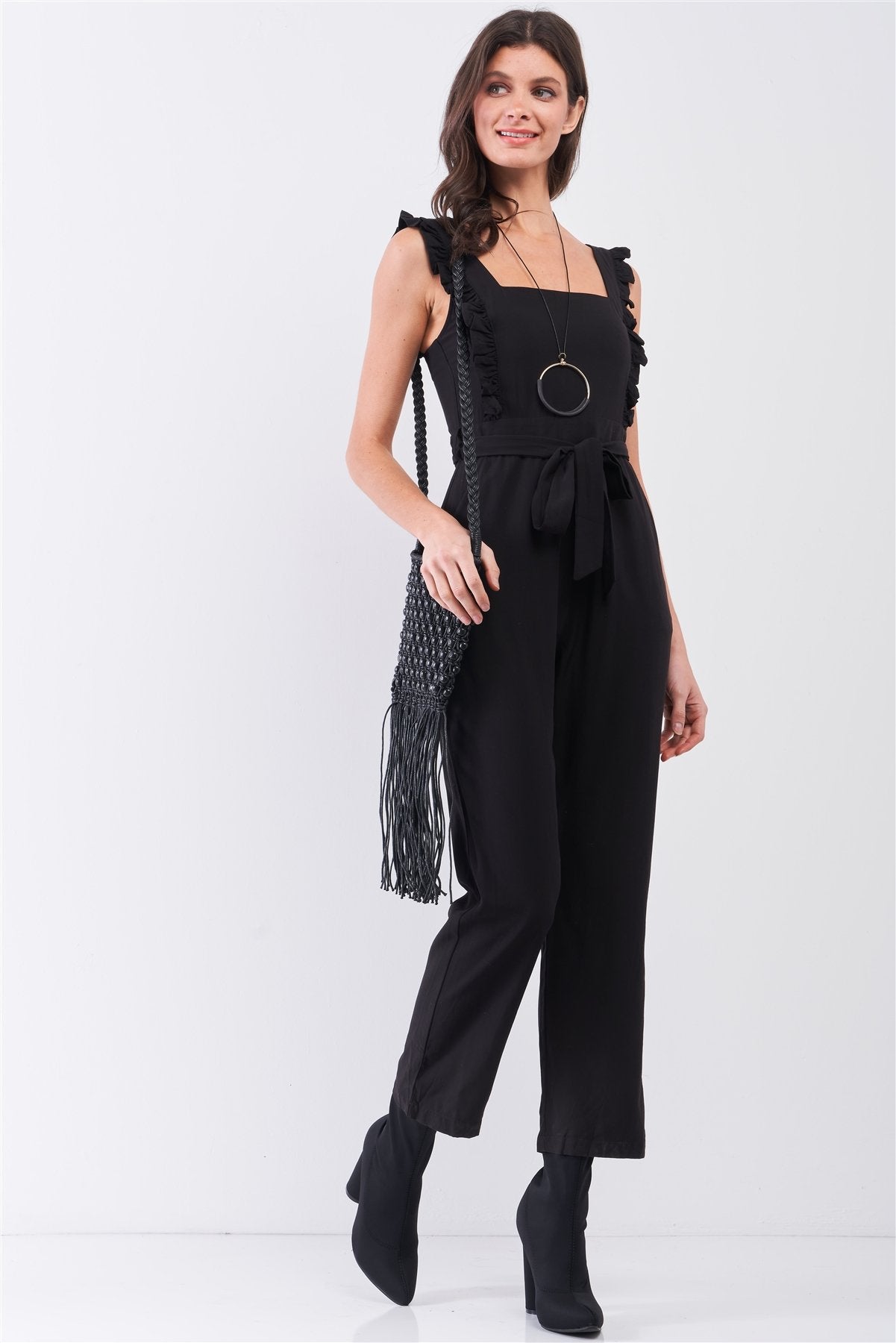 Black Sleeveless Ruffle Hem Self-tie Belt Detail Straight Leg Jumpsuit - Fashion Quality Boutik