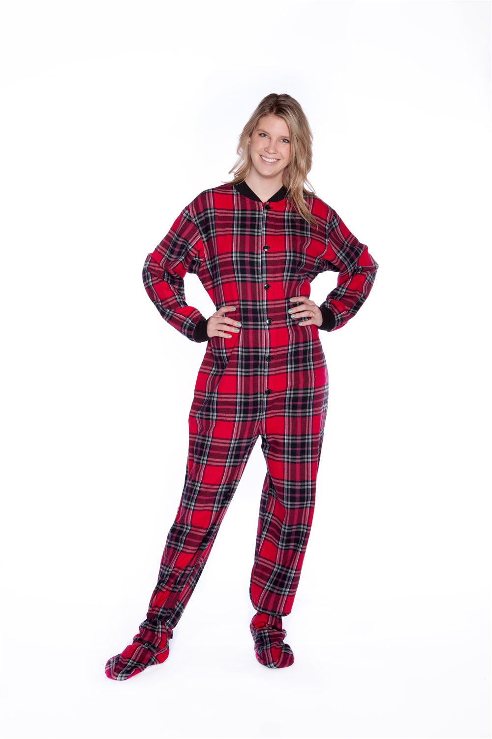 Red Black Plaid Adult Footed Onesie Pajamas Men & Women - Fashion Quality Boutik