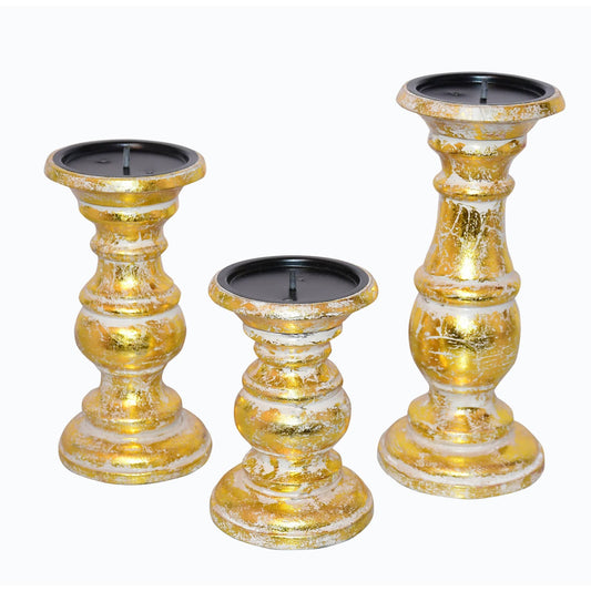 Wooden Candleholder with Turned Pedestal Base; Set of 3; Distressed Gold; DunaWest
