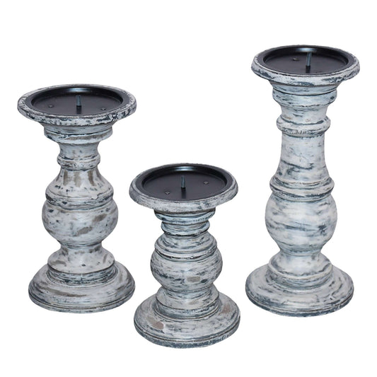 Wooden Candleholder with Turned Pedestal Base; Set of 3; Distressed White and Black; DunaWest