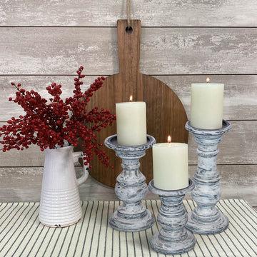 Wooden Candleholder with Turned Pedestal Base; Set of 3; Distressed White and Black; DunaWest